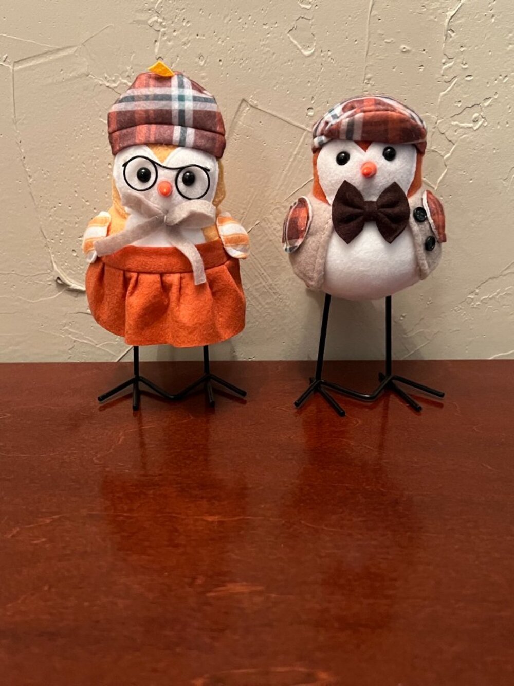 Set of 2 Whimsical Fall Bird Figurines Plaid Hats Glasses Bow Tie Autumn Decor